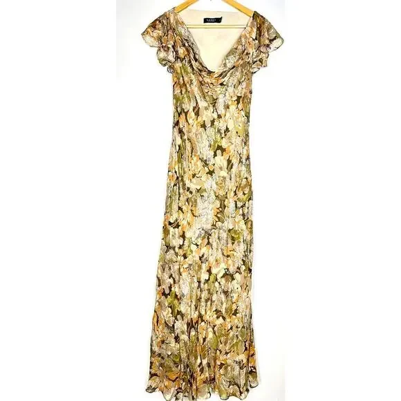 Lauren Ralph Lauren Lusita Dress Floral Metallic Ruffled Maxi Gown Multicolor 6 - Picture 2 of 9